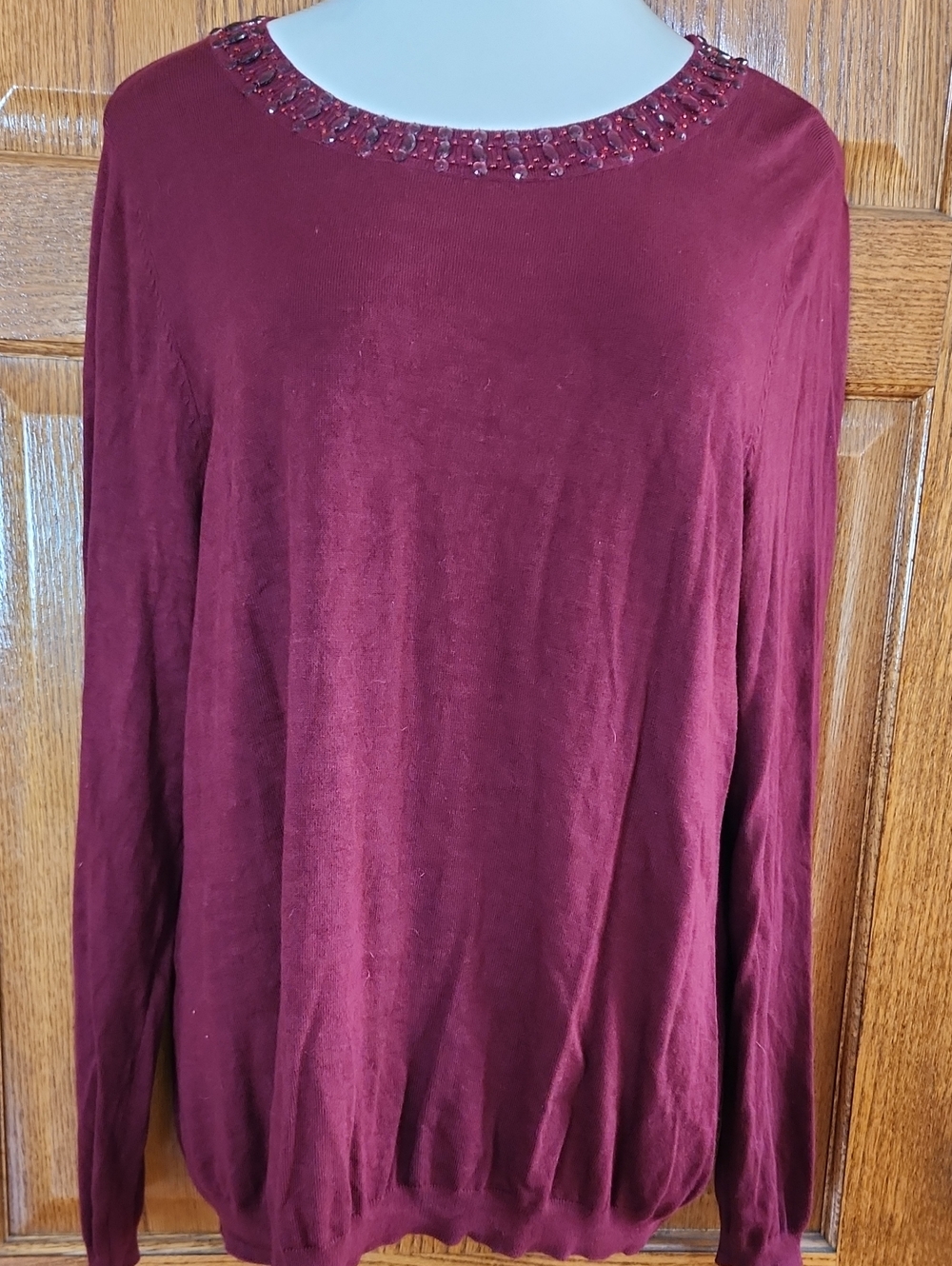 Roz & Ali Burgundy Beaded-Neck Long Sleeve Sweater